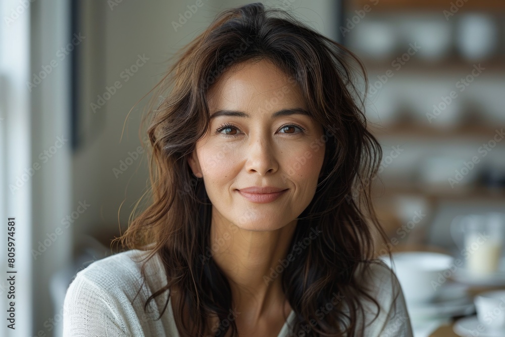 An elegant Chinese lady smiles in a store portrait, exuding confidence and happiness.