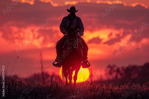 A dramatic silhouette of a cowboy on horseback, galloping into the sunset in the Wild West.