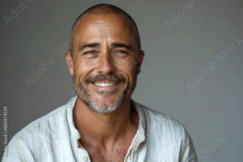 A friendly and confident Hispanic man in his forties smiles warmly in a portrait, exuding positivity and charm. photo