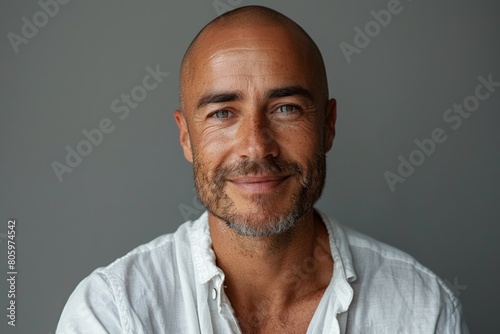 A confident man with a bald head and a charming smile, exuding positivity and style in a white shirt. photo