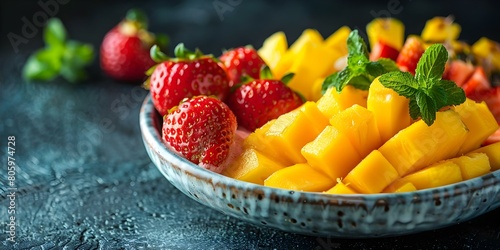 Vibrant Vegan Fruit Sorbet in Ceramic Bowl with Mango  Strawberries  and Pineapple. Concept Fruit Sorbet  Vegan Dessert  Colorful Bowl  Mango  Strawberries  Pineapple