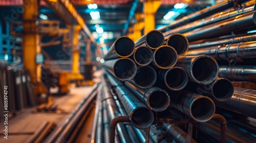 Ready for Distribution: Stack of High-Quality Steel Pipes or Aluminum Await Shipment in Warehouse, Symbolizing Steel Industry's Efficiency © Marcos