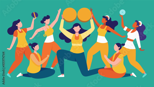 A group of yogis moving in unison to the peaceful rhythms of a drum circle their bodies and minds in perfect harmony with the music and each other.. Vector illustration