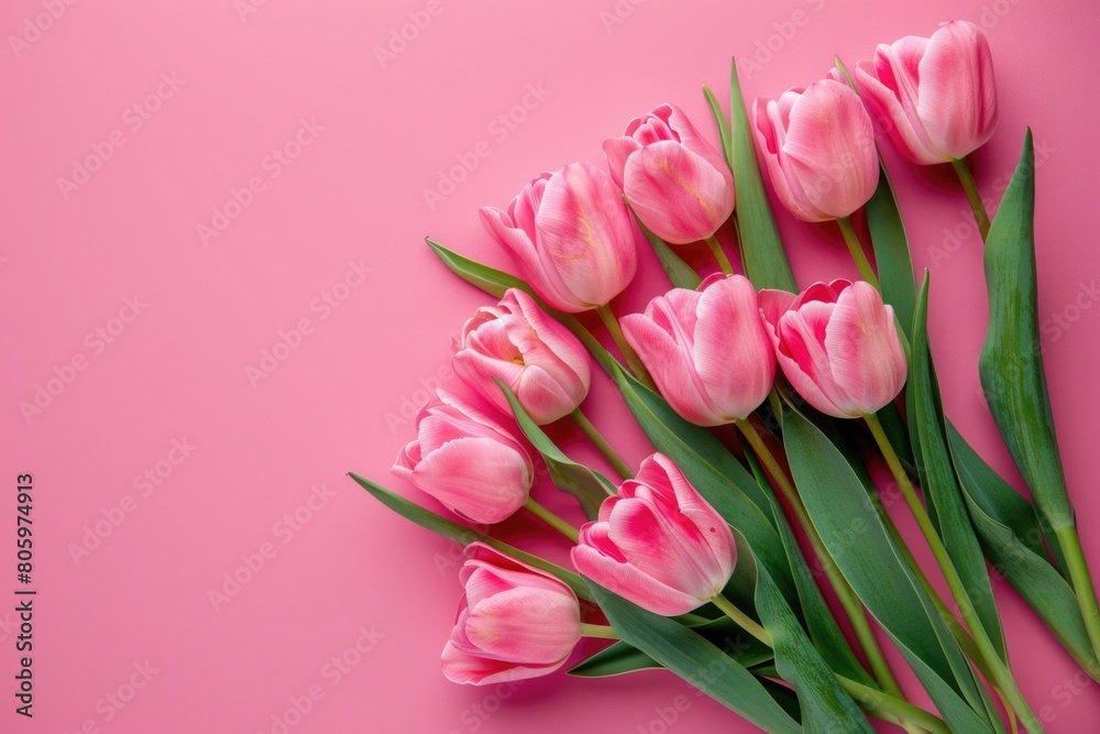 Pink Background Banner. Beautiful Spring Flowers Bouquet of Tulips on Pastel Pink Background