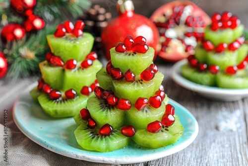Healthy Holiday. Funny Edible Kiwi Pomegranate Christmas Tree - Healthy Dessert Idea for Kids Party