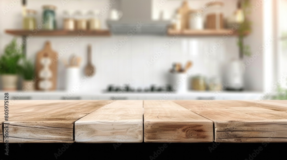 Desktop Empty. Banner of Beautiful Wood Table Top with Blur Bokeh Modern Kitchen Interior Background Desktop Empty. Banner of Beautiful Wood Table Top with Blur Bokeh Modern Kitchen Interior Background