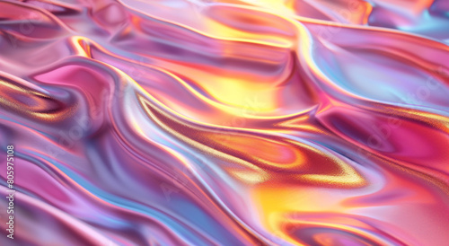 Pink Background: 3D render of colorful fluid metallic liquid waves on a pink background, abstract wavy cloth with golden light reflections, fluid wave design, fluid shapes, fluid art