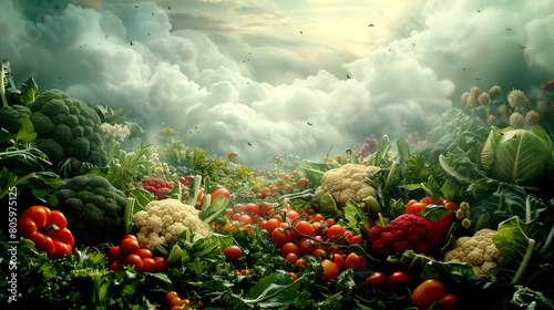Various types of vegetables against the sky as the background photo