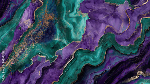 abstract background with swirling patterns of dark purple, teal green and gold colors resembling an emerald geode stone surface. Luxury marble texture 