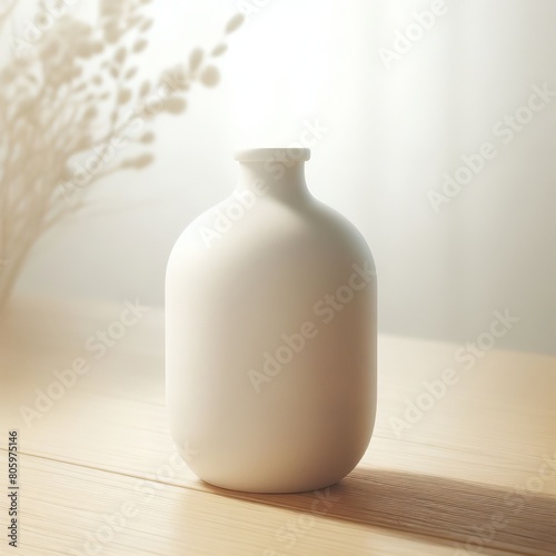 Elegant White Ceramic Vase on Wooden Surface Illuminated by Soft Light in Minimalist Setting