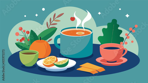The meal ends with a cup of herbal tea a refreshing and nourishing end to the stoic dinner.. Vector illustration