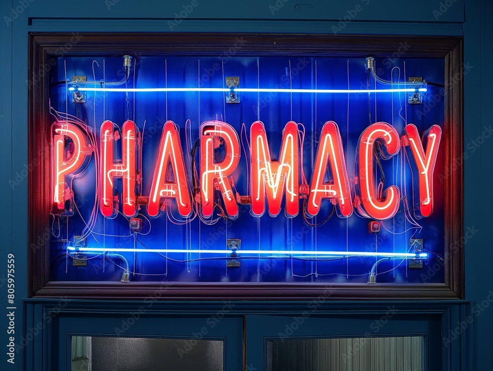 Illuminated neon sign spelling out PHARMACY against a blue background, indicating a medical store.
