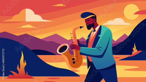 A vibrant illustration of a saxophone player against a sunset backdrop announcing an upcoming jazz event at a vinylthemed venue. Vector illustration