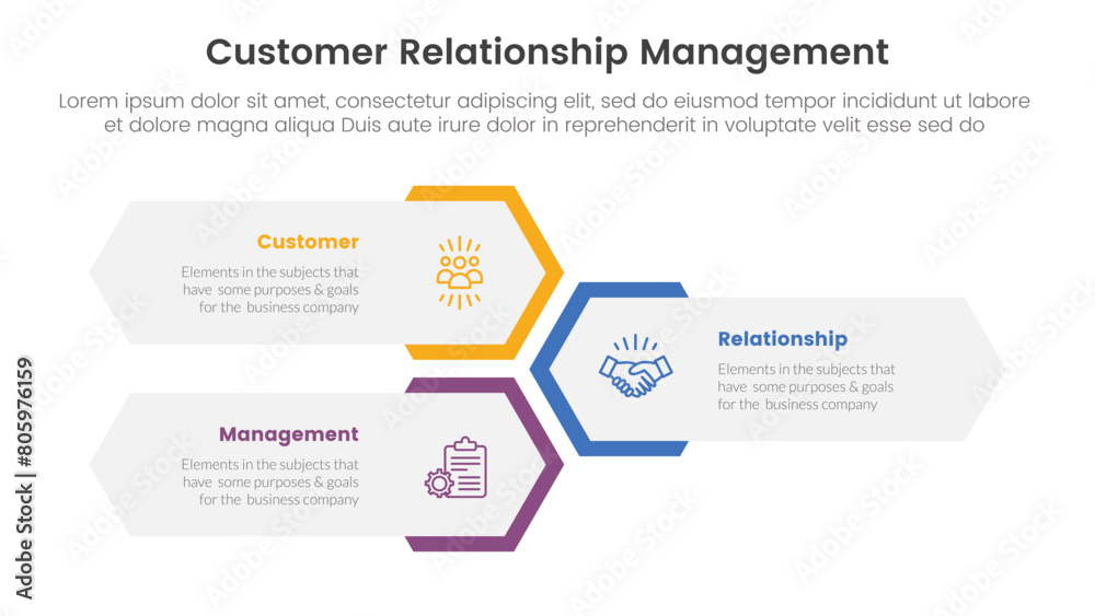 CRM customer relationship management infographic 3 point stage template with vertical hexagon shape layout for slide presentation