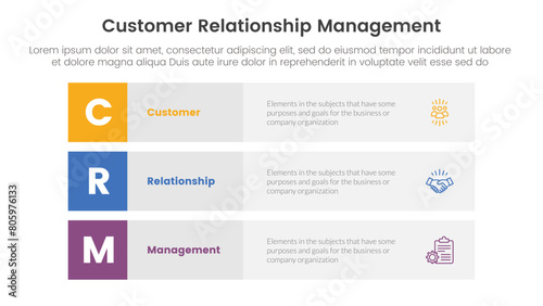 CRM customer relationship management infographic 3 point stage template with 3 block row rectangle content stack for slide presentation