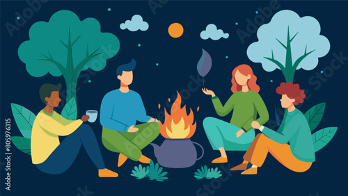 After a long day of hiking a group of friends sit by a campfire brewing a pot of nettle and dandelion root tea to rejuvenate their tired bodies and.