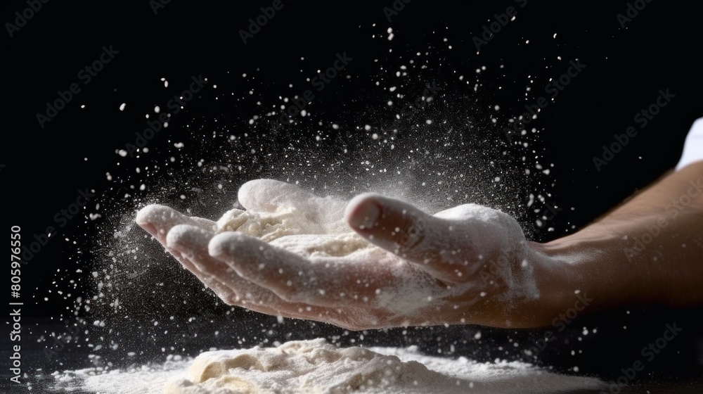 Fototapeta premium a chef makes bread with white Flour flying in the air on a black background.AI generated image
