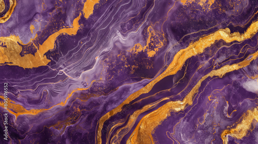 Naklejka premium Abstract purple and gold marble background with flowing patterns, golden swirls. Vector illustration design template for wedding invitation.