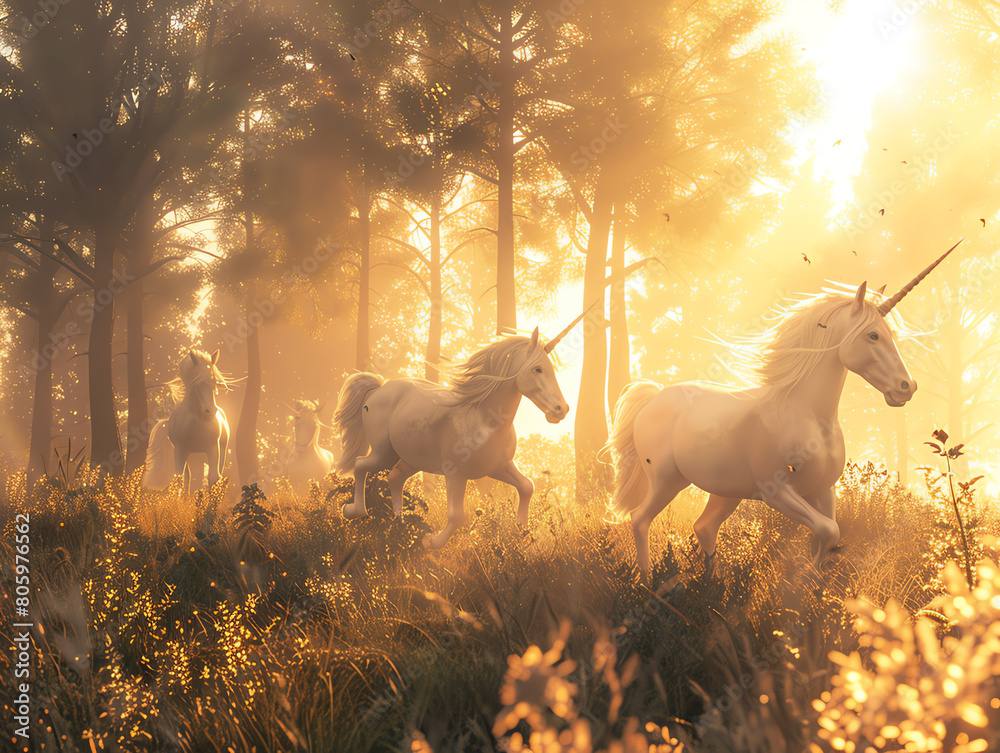 Render a mystical forest scene featuring unicorns galloping through shimmering meadows at sunrise, emphasizing ethereal light effects and enchanting atmospheric elements
