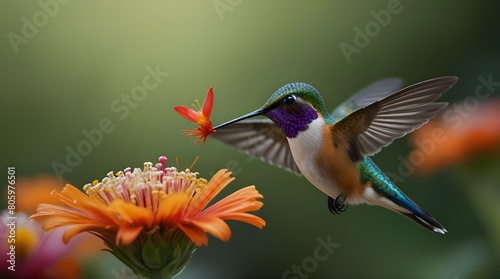 beautiful vibrant colored humming birds flying and aiming on a flower nectar.generative.ai