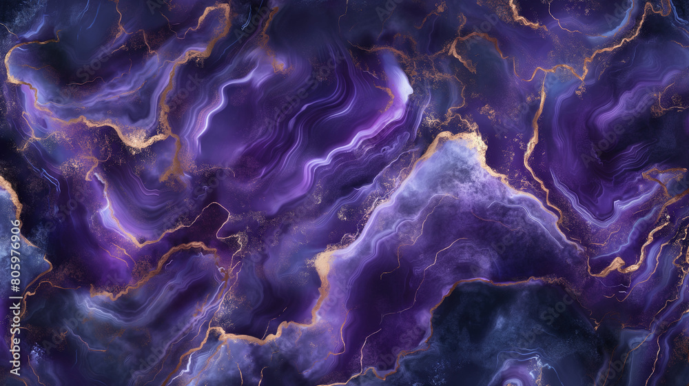 Ethereal purple and gold marble background, deep rich hues of violet and navy blue with swirling patterns resembling an abstract nebula, soft textures creating a sense of depth and movement