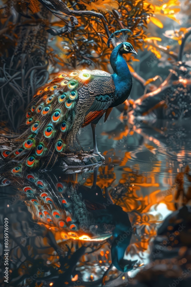 Obraz premium Portrait of a luxurious peacock generated AI
