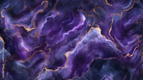 Ethereal purple and gold marble background, deep rich hues of violet and navy blue with swirling patterns resembling an abstract nebula, soft textures creating a sense of depth and movement