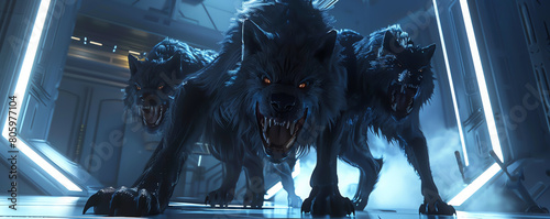 Showcase a sleek Cerberus guarding a virtual reality portal, its 3 heads snarling in ultra-realistic CG 3D, captured at an inverted top-down perspective photo