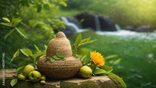 straw hat in jungle with two green apples and a yellow flower