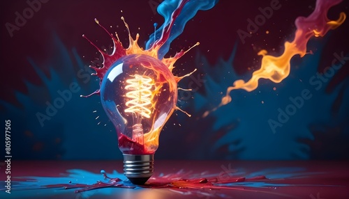Creative concept backdrop: A lightbulb bursts with vibrant splashes of paint and smoke. photo