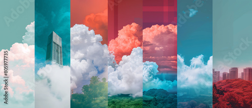 Composition artistique en forme de moodboard, montrant diverses scènes de ciels bleus, de nuages blancs, de gratte-ciels et de paysages naturels photo