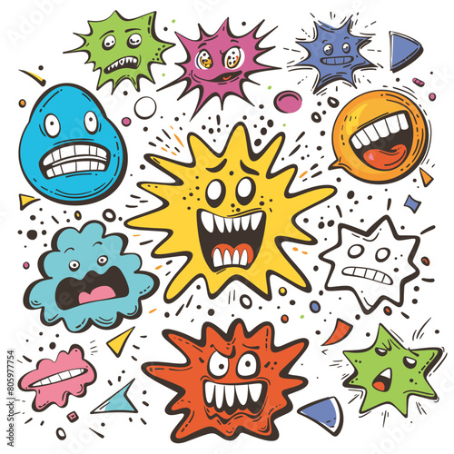 Assortment colorful cartoon virus characters expressing various emotions, vibrant comical microorganisms. Collection funny stylized pathogen illustrations, comic style germ icons scattered