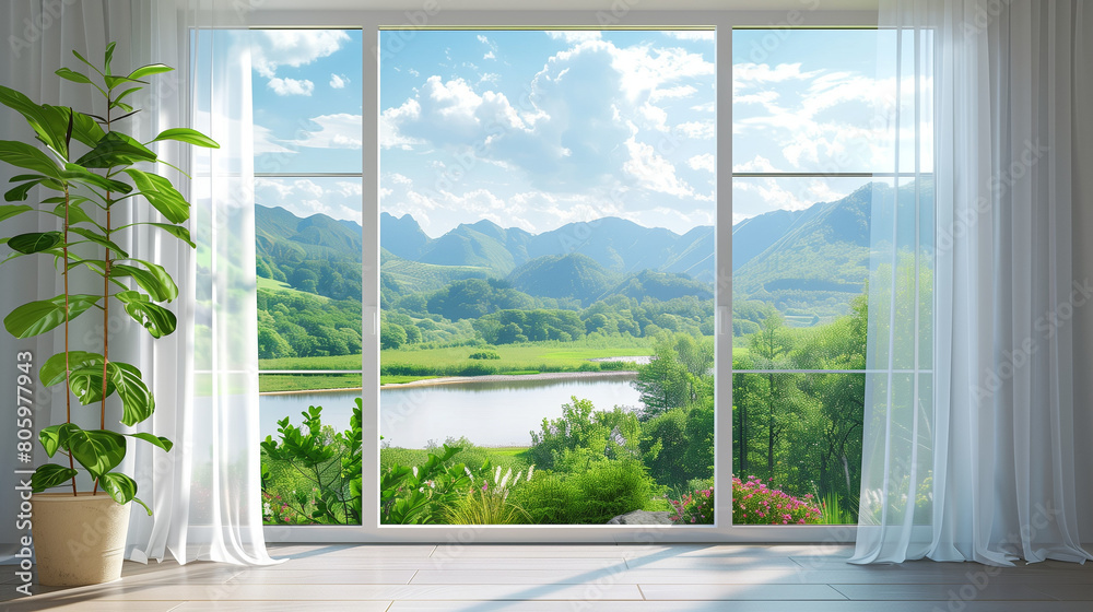 Beautiful View Mountain And Sky With Wonderful River Landscape. View From Interior Window at Home
