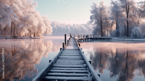 winter on the pier on the lake at sunrise.AI generated image © Daisha