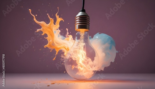 Inventive idea backdrop: A lightbulb explodes with colorful splashes of paint and smoke. photo
