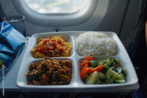 Serve Food. Asian Cuisine Meal Served on a Flight Journey © AIGen