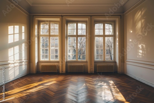 Apartment Window in Old Building with Beautiful Parquet Floor