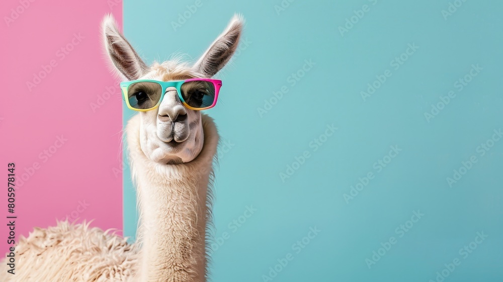 Obraz premium Llama wearing sunglasses on pink and blue background with copy space
