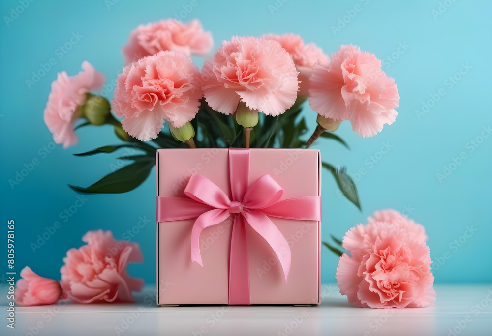 A pink gift box with a bouquet of pink carnation flowers on a blue background A pink gift box with a bouquet of pink carnation flowers on a blue background