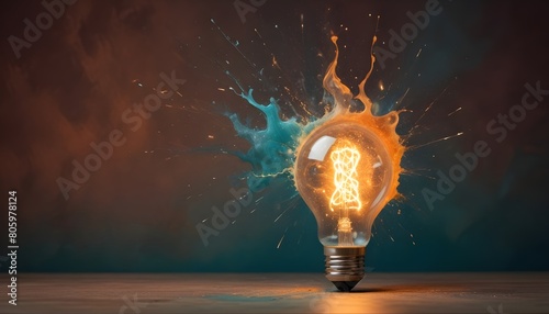 Artistic insight backdrop: A lightbulb shatters with multicolored splashes of paint and smoke. photo