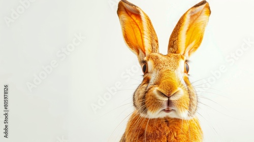 Close-up of a European rabbit with a prominent, upright posture. The rabbit has distinctive orange-brown fur with white underbelly, large erect ears with black tips photo