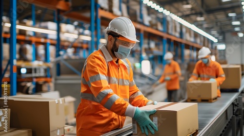 A warehouse worker in orange protective gear examines, packing a box on a conveyor belt. Several other workers are in the background, also checking with boxes