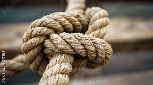 Rope tied to a wooden boat, close-up, shallow depth of field