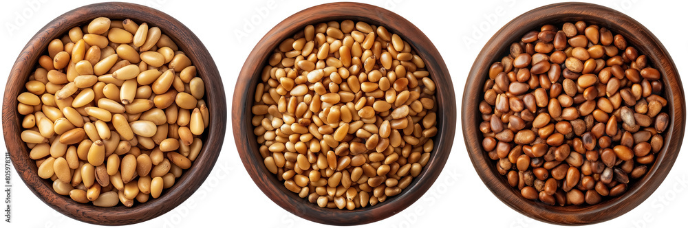 set of pine nuts in brown wooden bowl, cut out set of pine nuts in brown wooden bowl, cut out