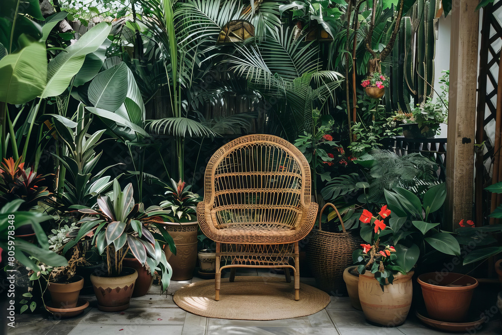 Comfortable wicker seat surrounded by houseplants