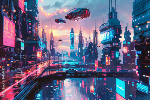 Gleaming metropolis illuminates in gentle shades, enhanced by stylish hovercrafts soaring over lively horizon. Splendid photo