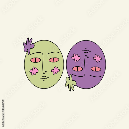 Retro psychedelic poster from the 70s-60s. Two faces. Bright vintage vector illustration. Hippie Boho style, cartoon.