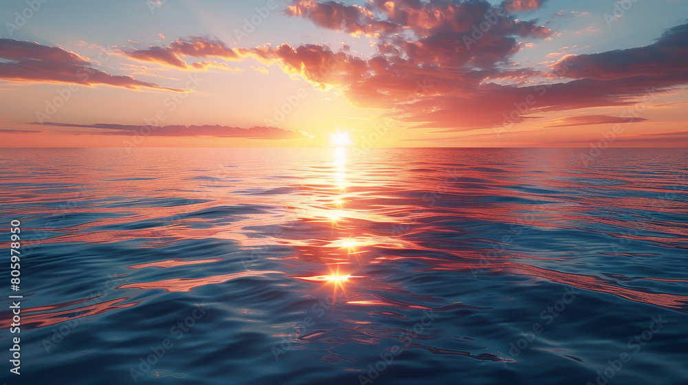 The sun is setting over the ocean, casting a warm glow on the water