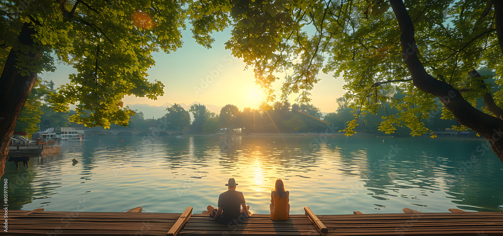 Back view of a couple sitting and lying on a bridge over a river with long trees view aside High quality photo