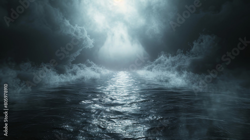 A dark  stormy ocean with a bright light shining through the clouds